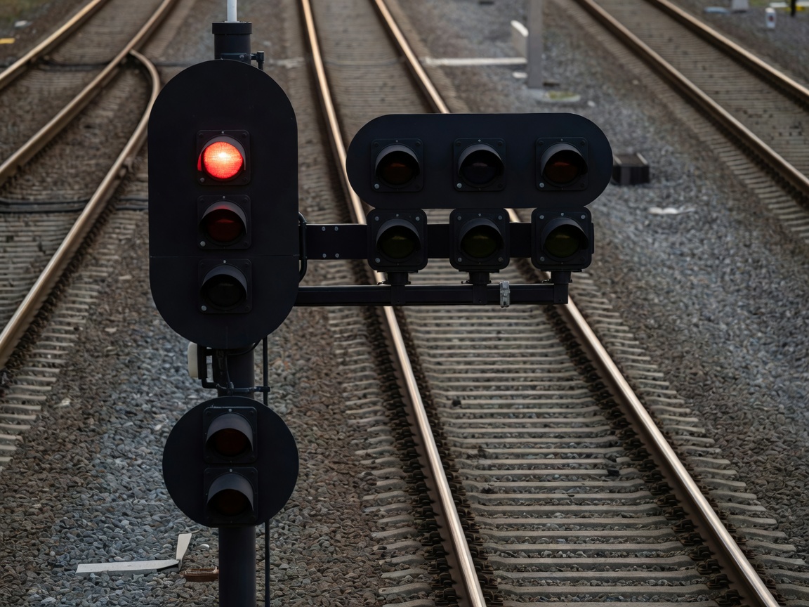 A modern multi-aspect railway colour light signal showing a red aspect beside railway tracks