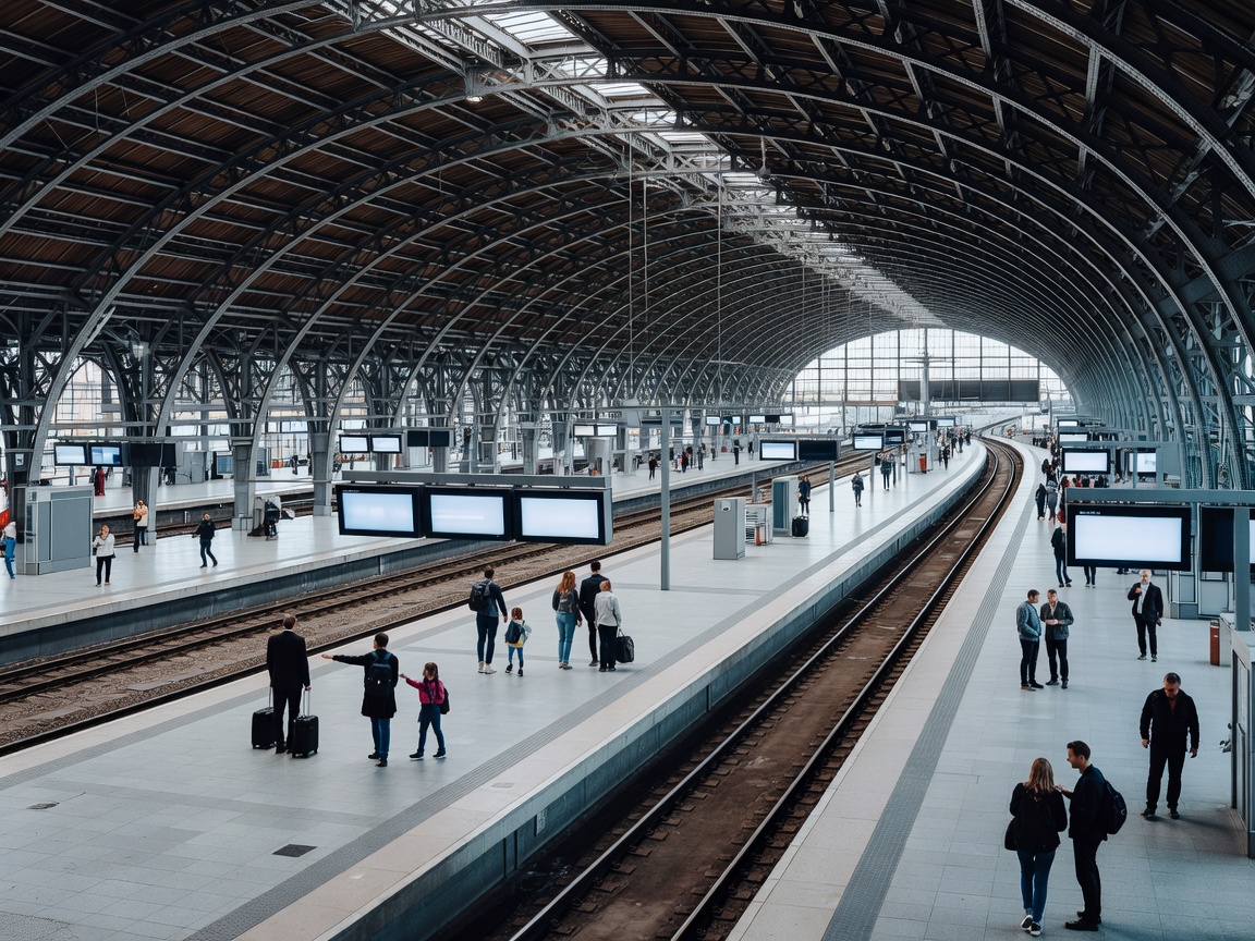 Large railway station concourse showing platforms, structural steel canopy overhead, and passenger information screens