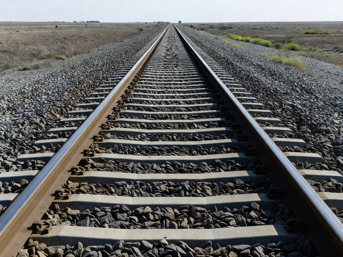 Straight section of ballasted railway track showing steel rails and concrete sleepers receding into the distance
